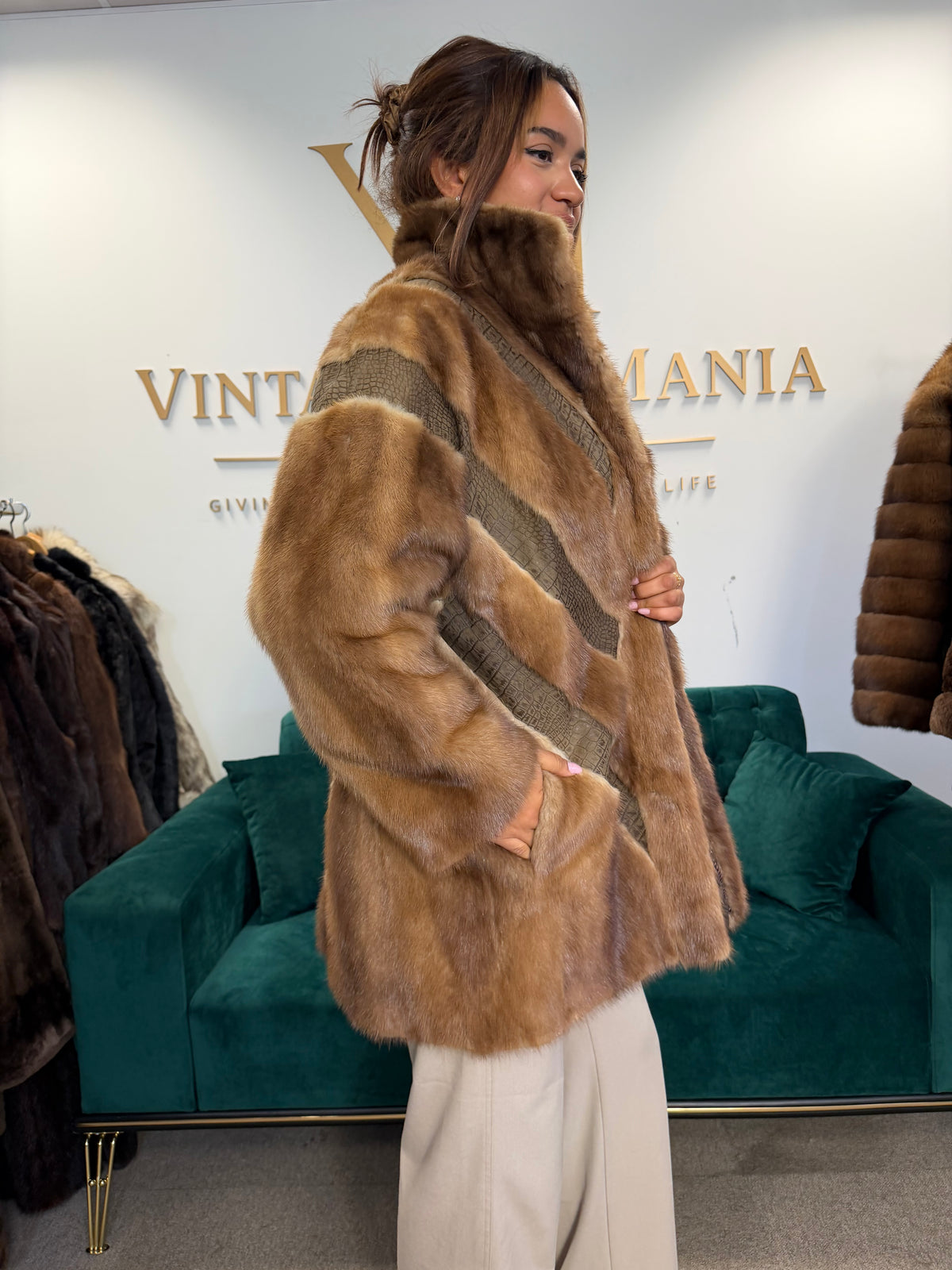 Brown Mink Fur Jacket with Snakeskin Leather, XL