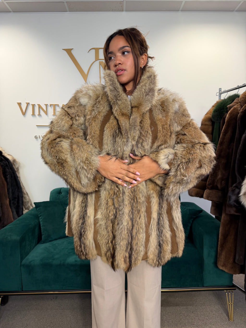Coyote Fur Jacket with Leather, XXL
