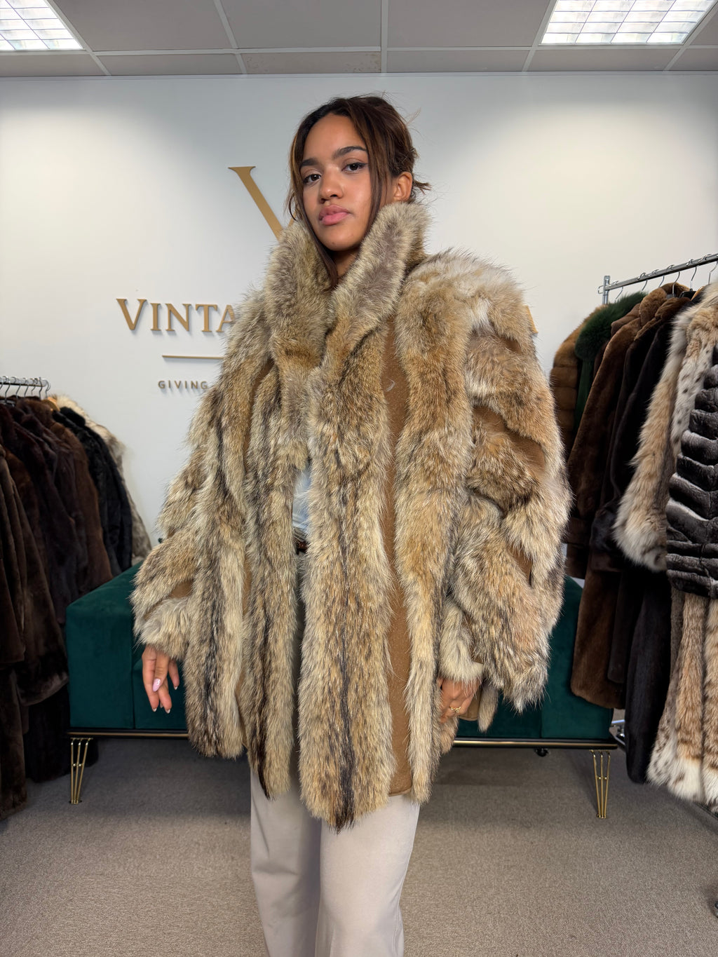 Coyote Fur Jacket with Leather, XXL
