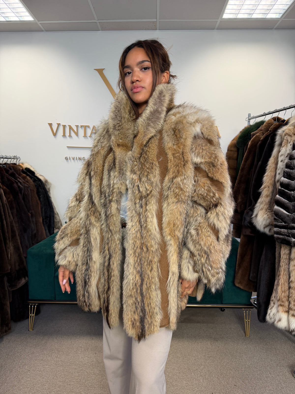 Coyote Fur Jacket with Leather, XXL