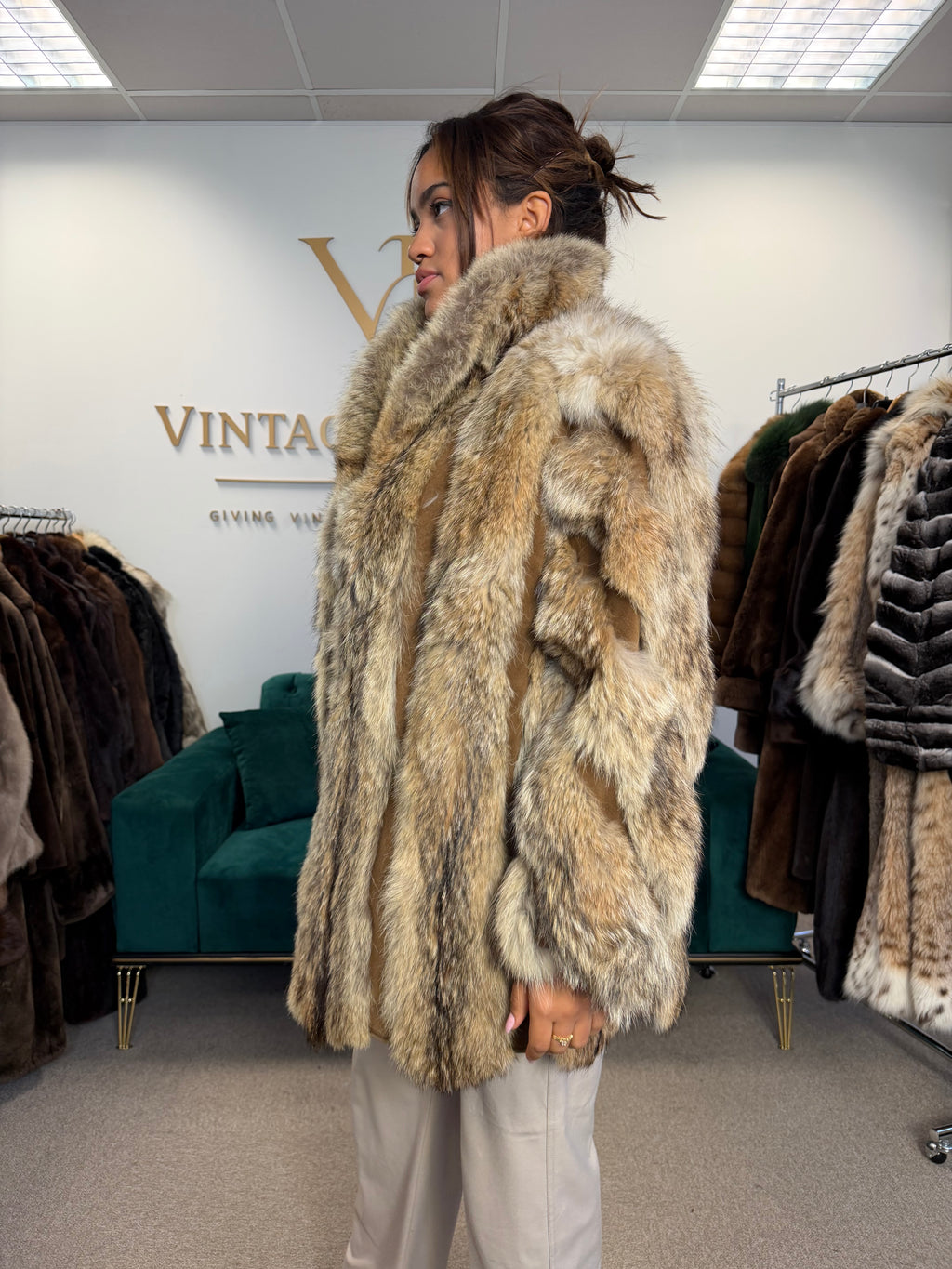 Coyote Fur Jacket with Leather, XXL