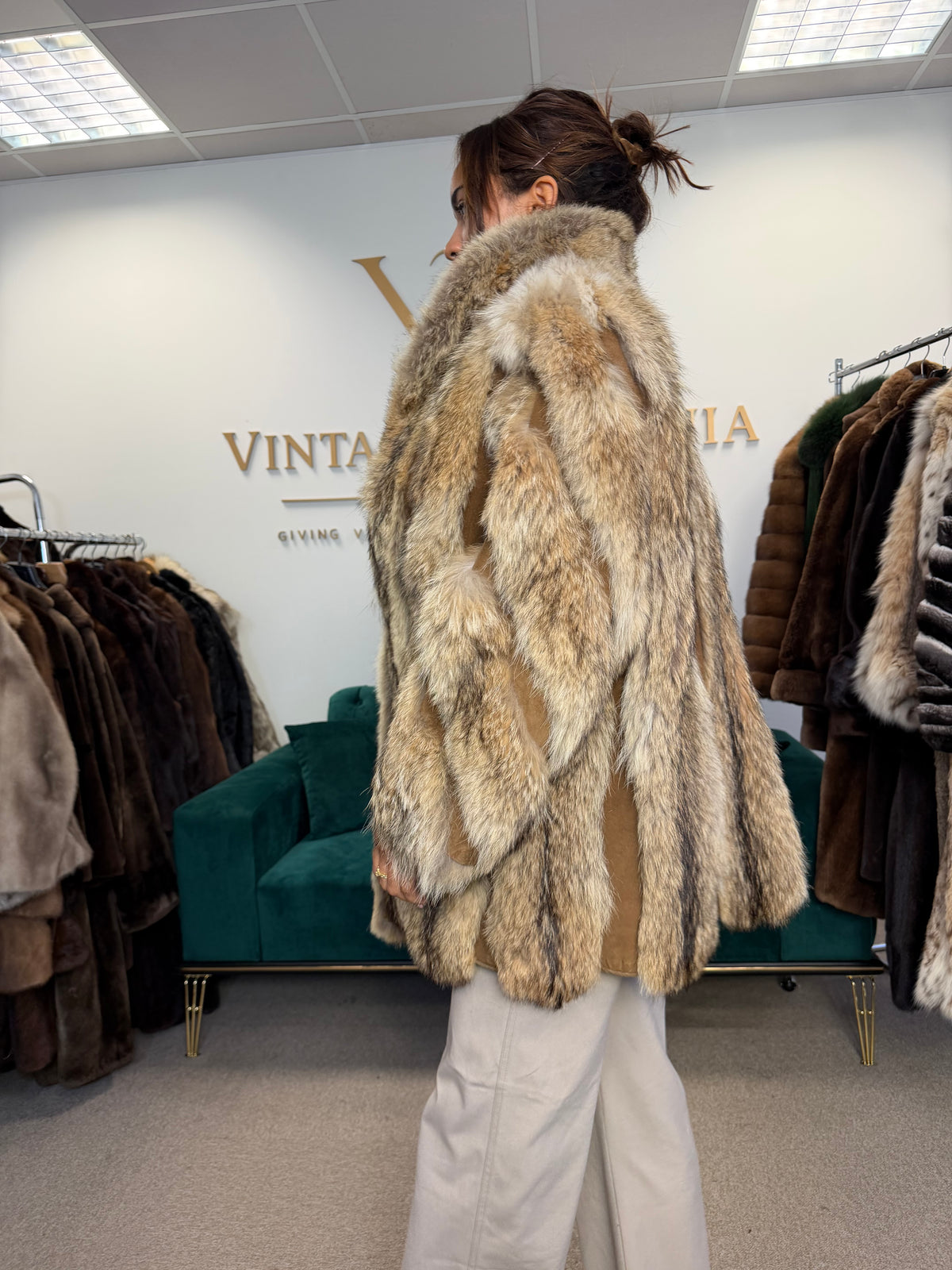 Coyote Fur Jacket with Leather, XXL