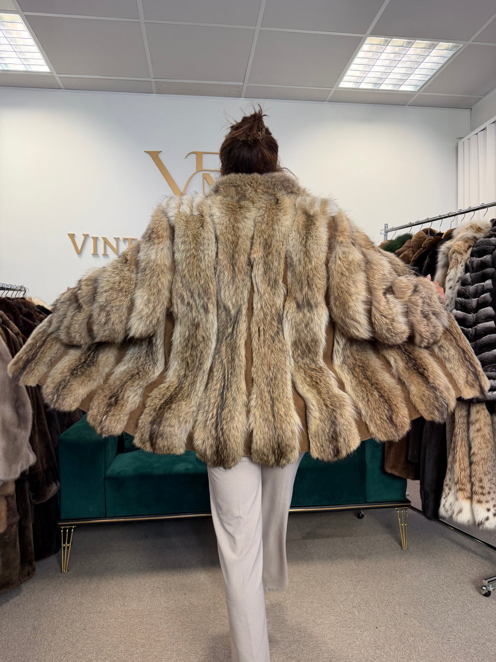Coyote Fur Jacket with Leather, XXL