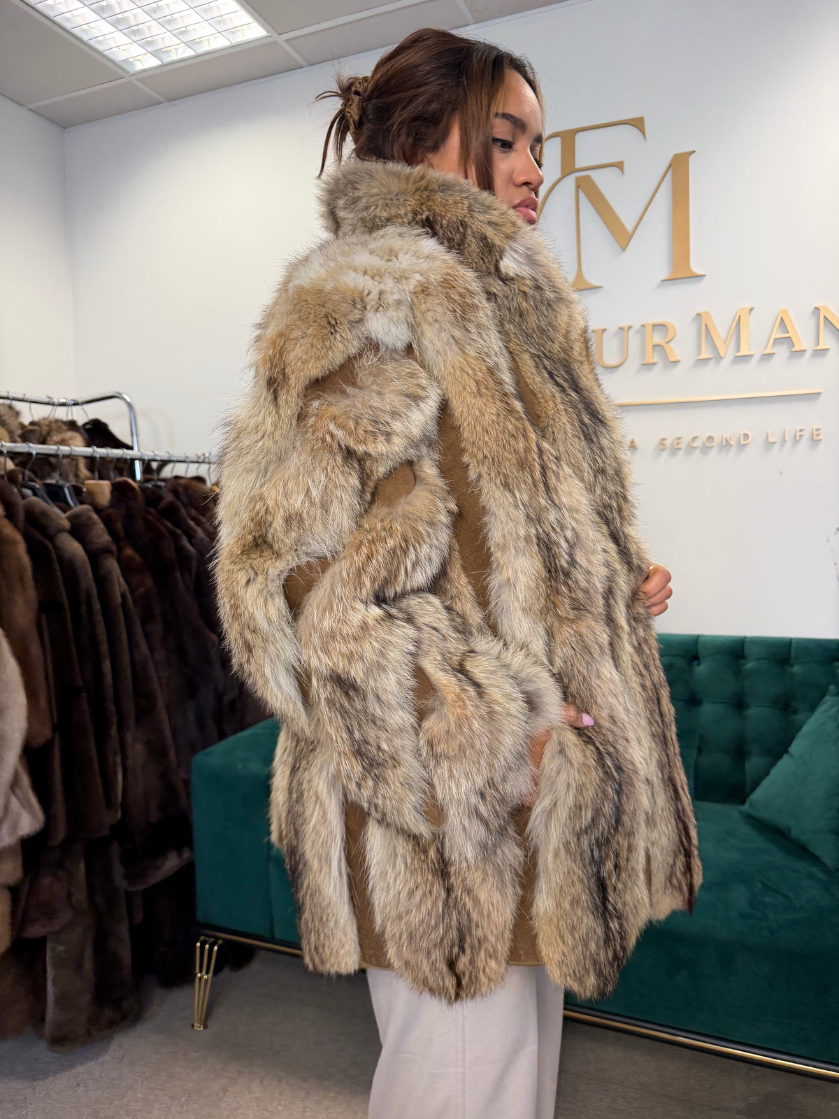 Coyote Fur Jacket with Leather, XXL