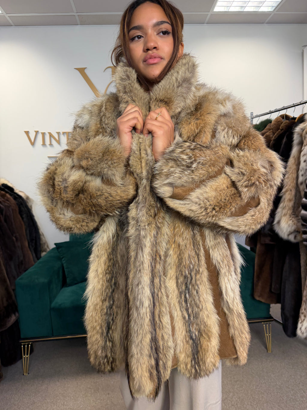 Coyote Fur Jacket with Leather, XXL