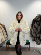 White Polar Fox Fur Coat, Leather, Size L