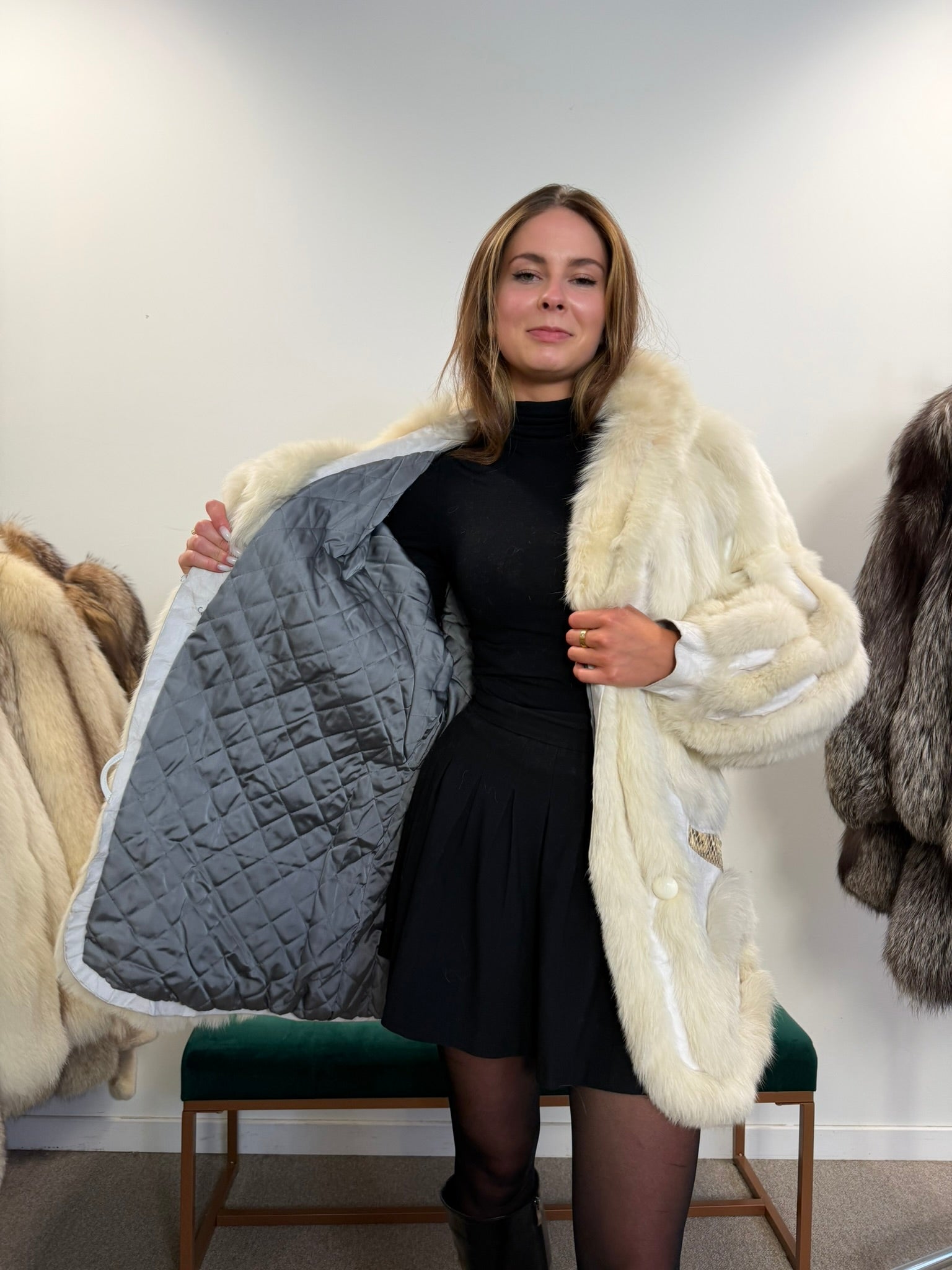 White Polar Fox Fur Coat, Leather, Size L