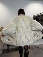 White Polar Fox Fur Coat, Leather, Size L
