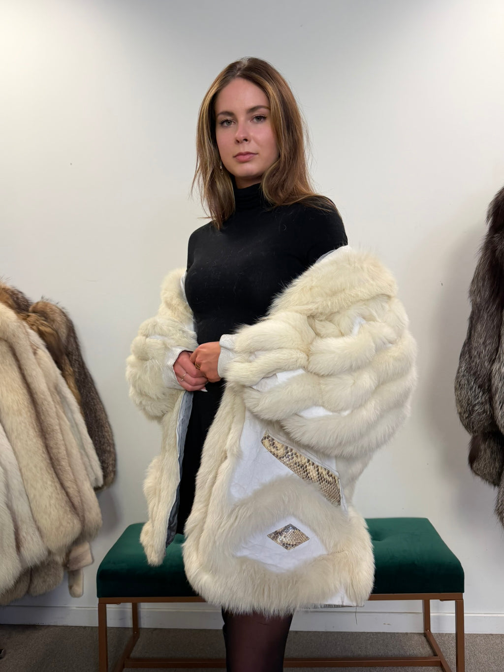 White Polar Fox Fur Coat, Leather, Size L