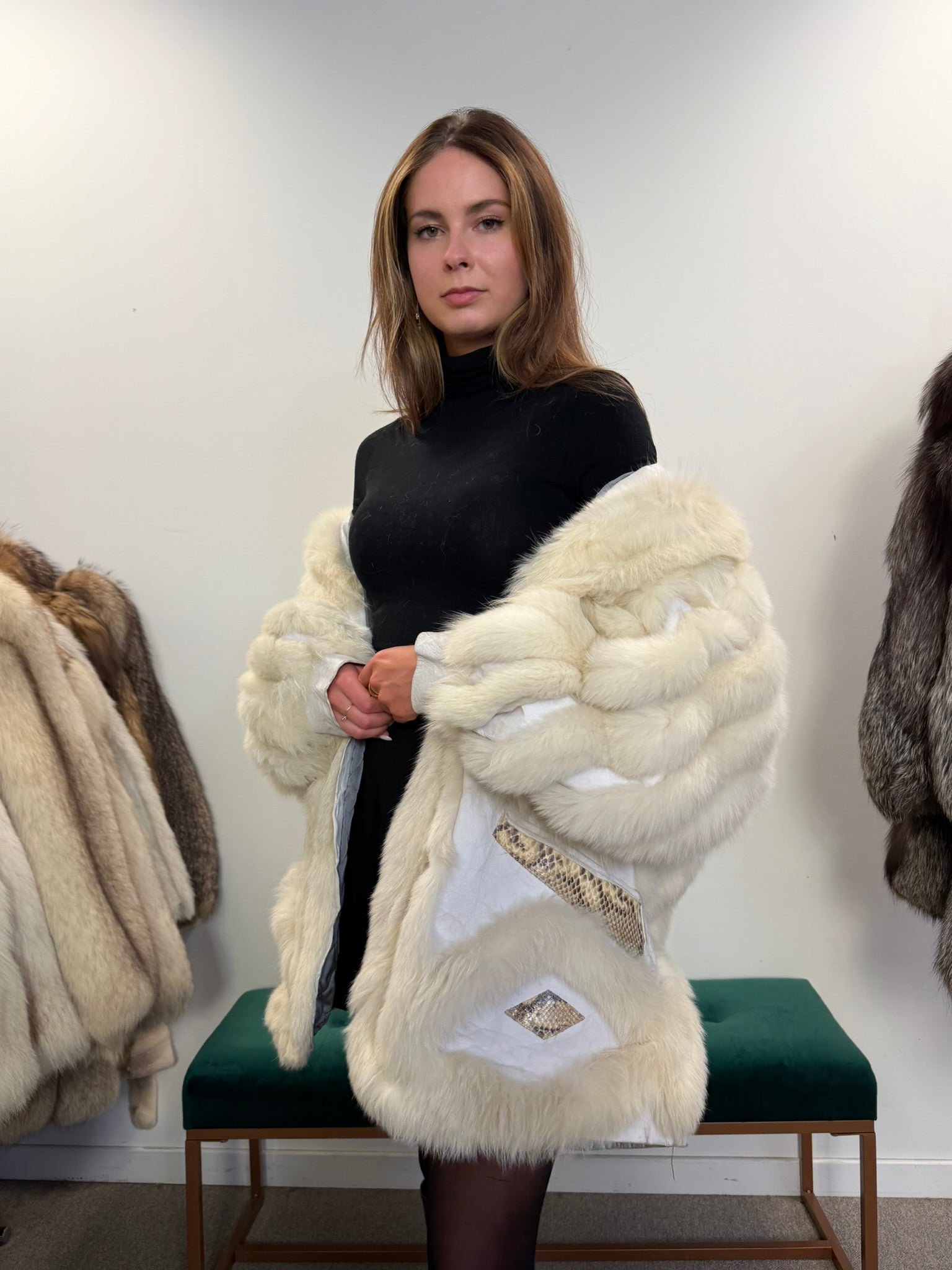 White Polar Fox Fur Coat, Leather, Size L