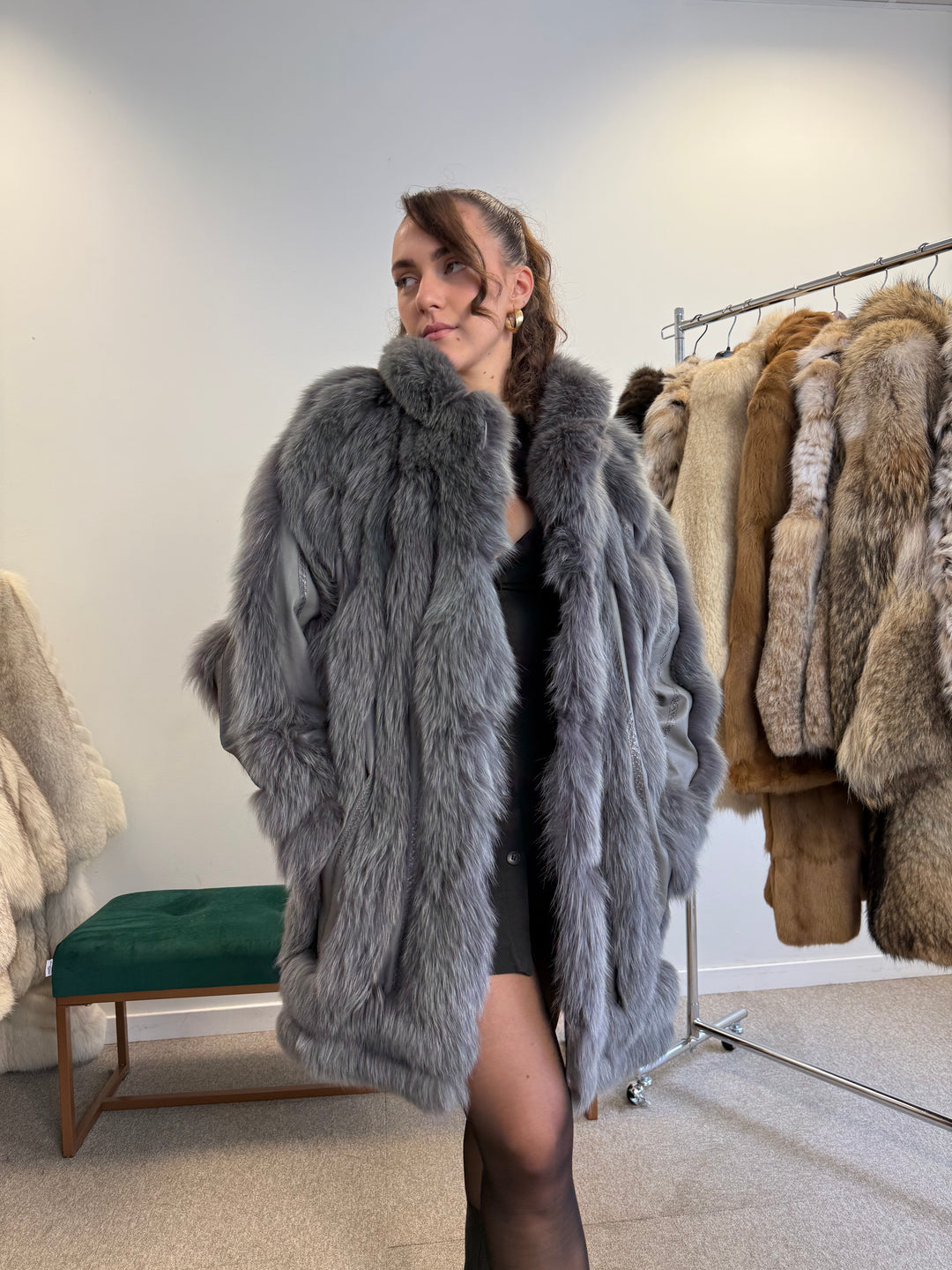 Blue Dyed Fox Fur Coat  XL Size