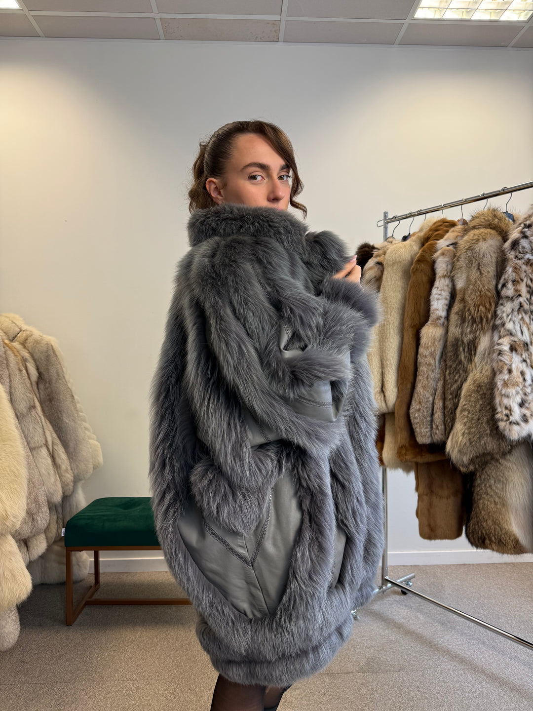 Blue Dyed Fox Fur Coat  XL Size