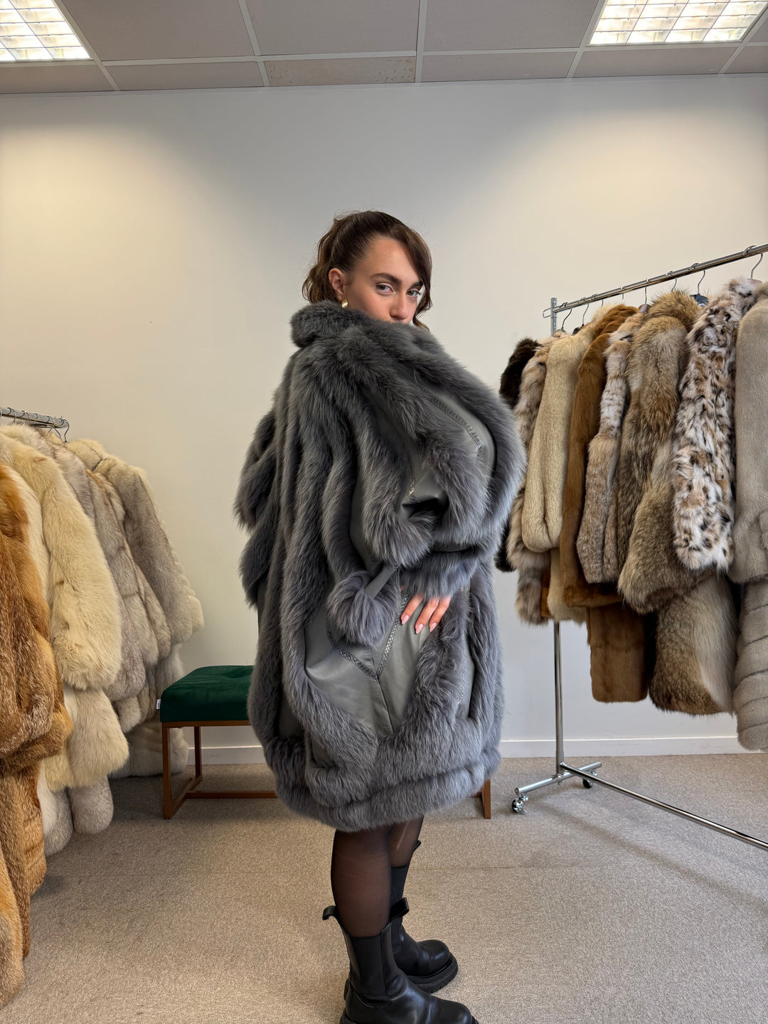 Blue Dyed Fox Fur Coat  XL Size