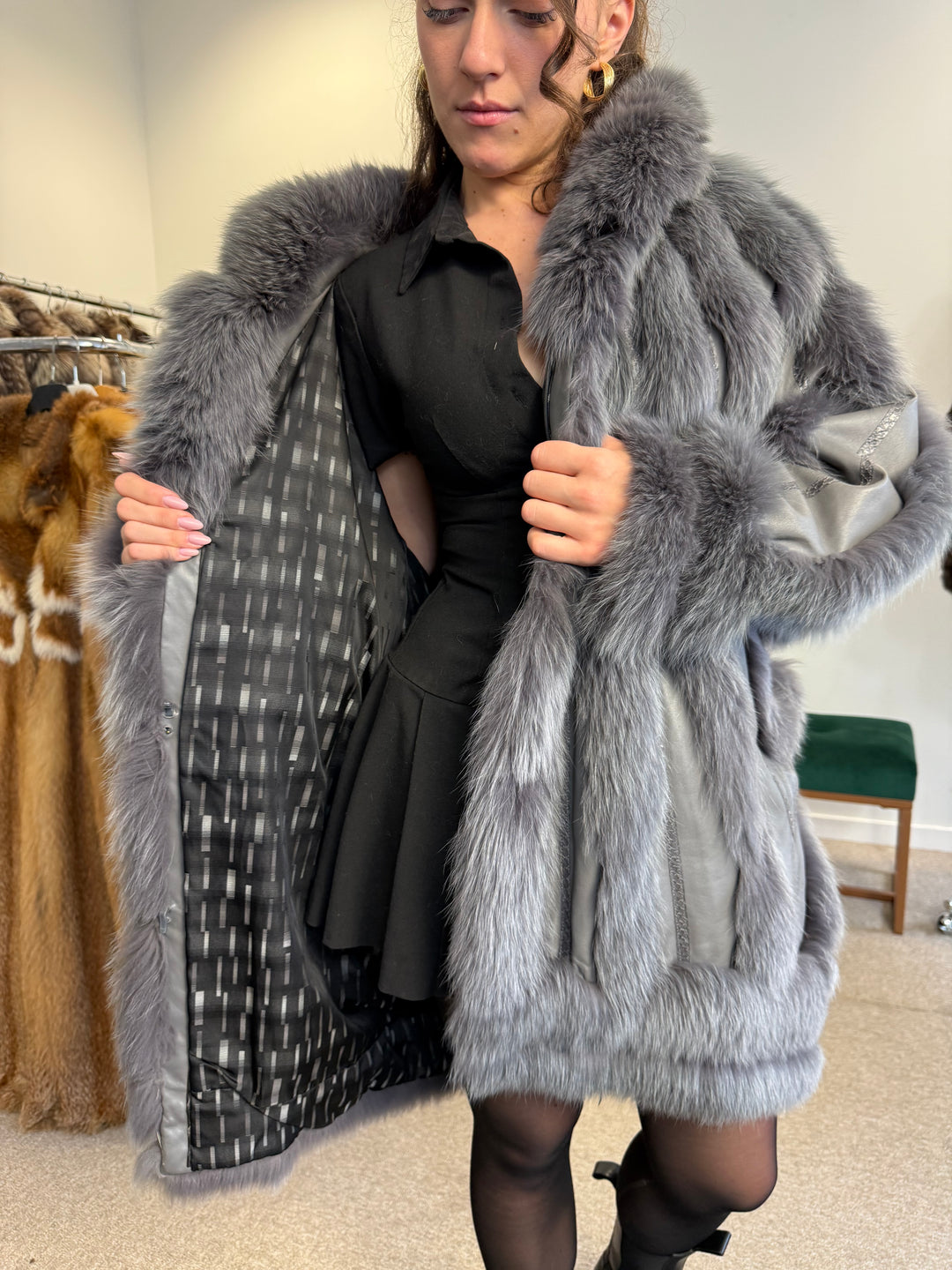 Blue Dyed Fox Fur Coat  XL Size