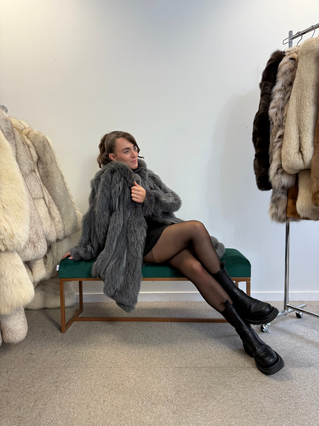 Blue Dyed Fox Fur Coat  XL Size