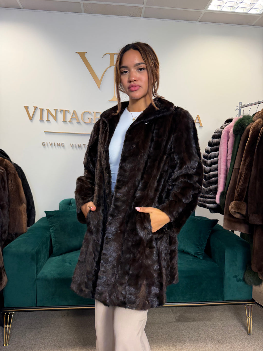 Brown Mink Fur Coat, Large, Pieced