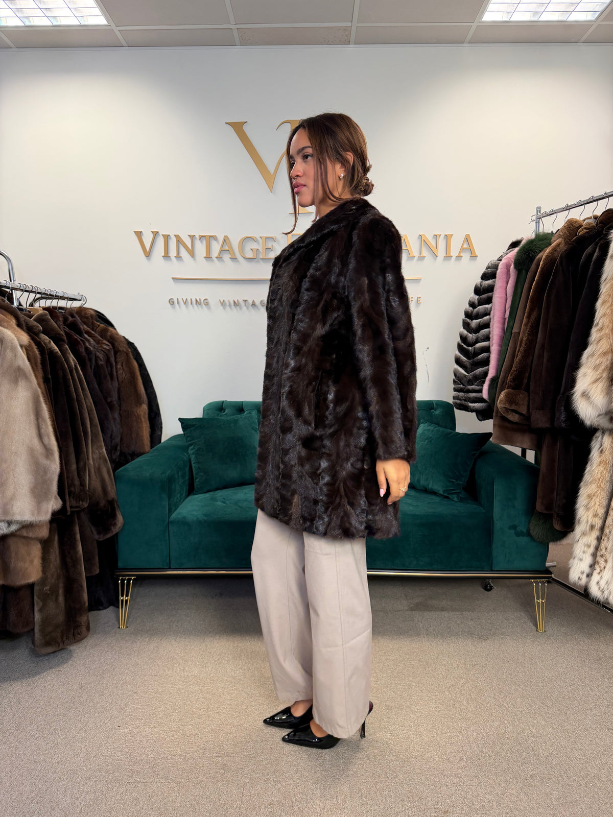 Brown Mink Fur Coat, Large, Pieced