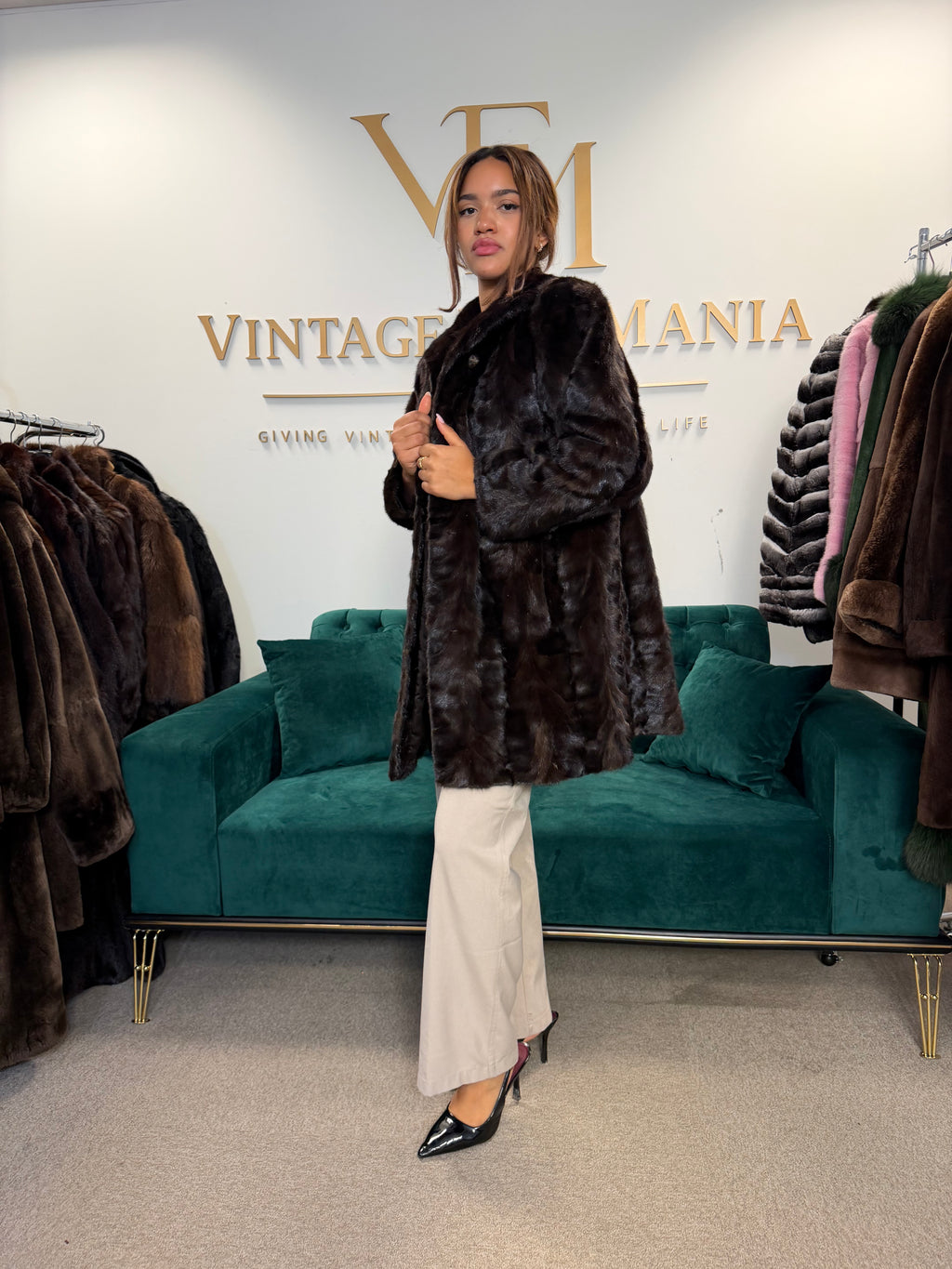 Brown Mink Fur Coat, Large, Pieced