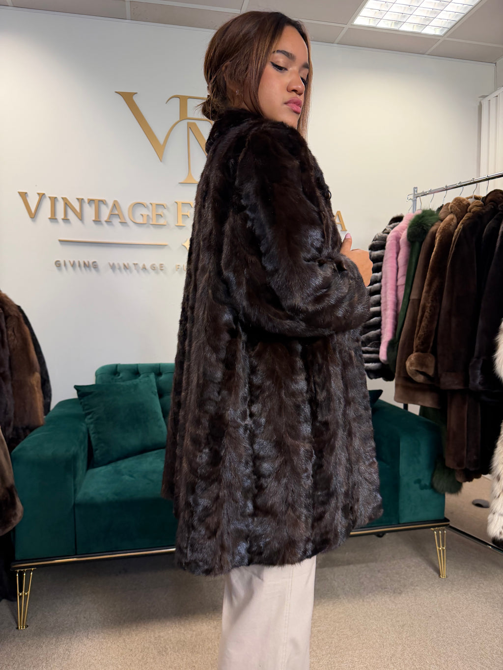 Brown Mink Fur Coat, Large, Pieced