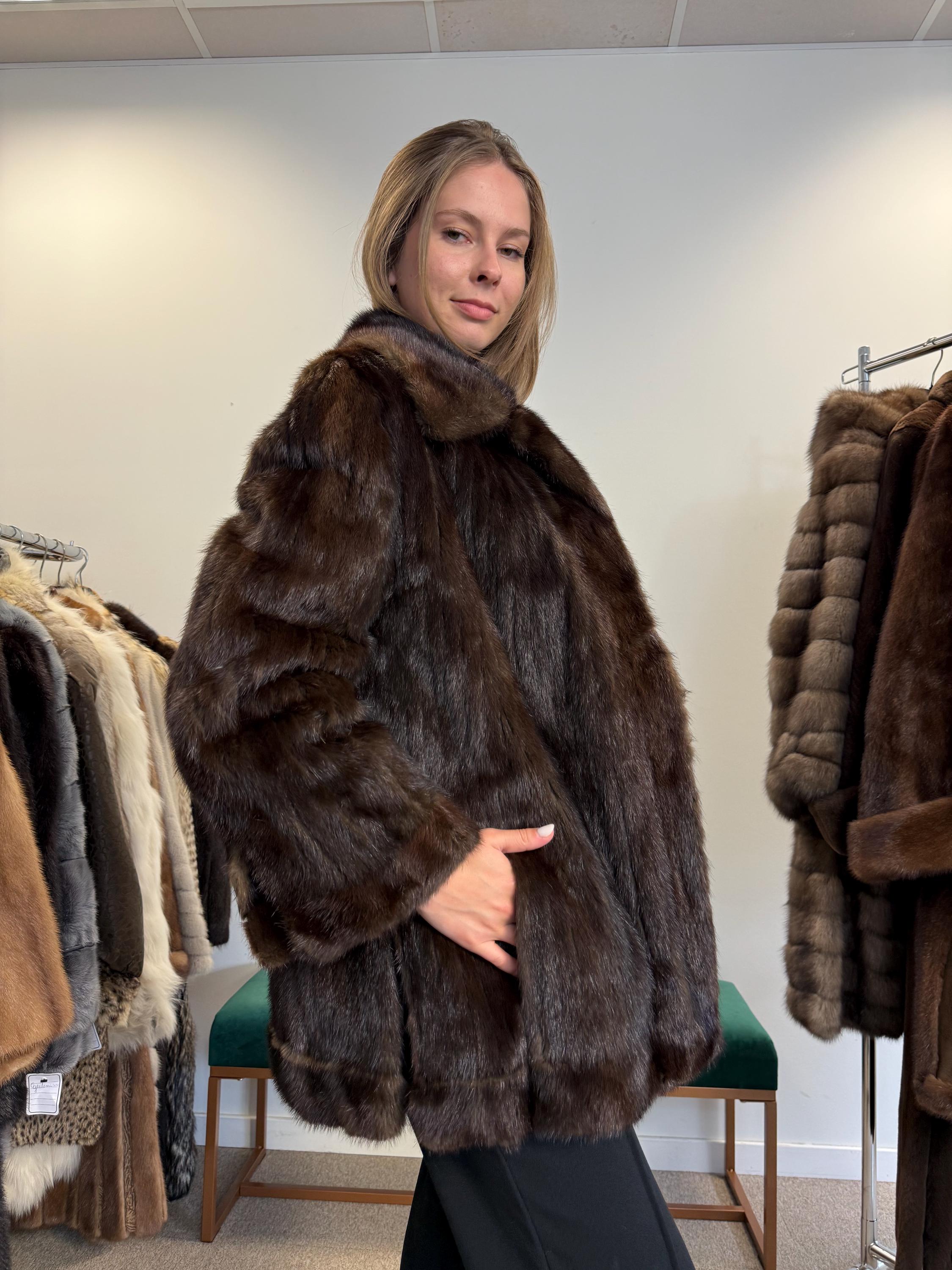 Open front view of brown mink fur jacket, women’s vintage soft thick fur.
