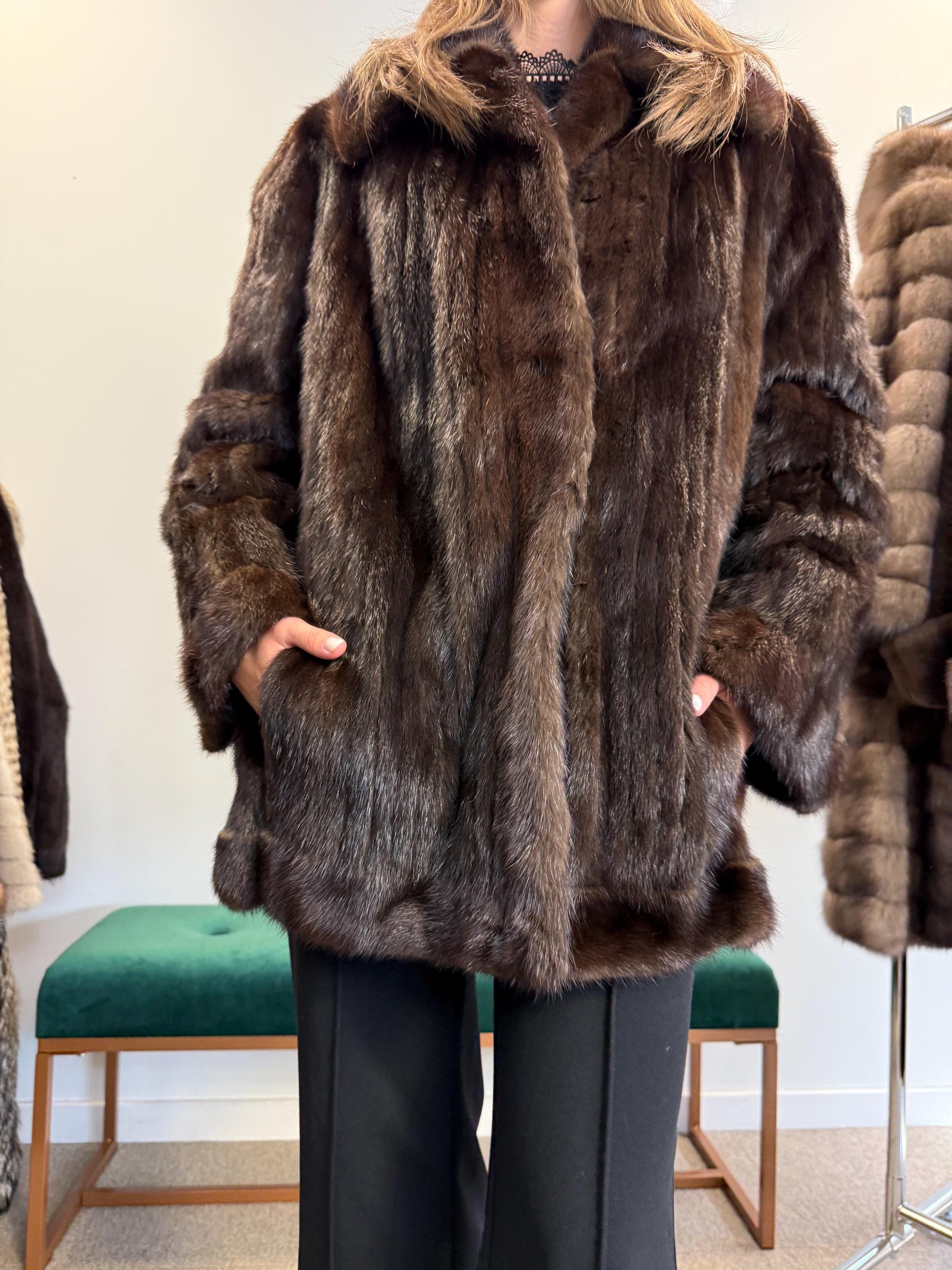 Side view of brown mink fur jacket, soft thick real fur, women’s vintage outerwear