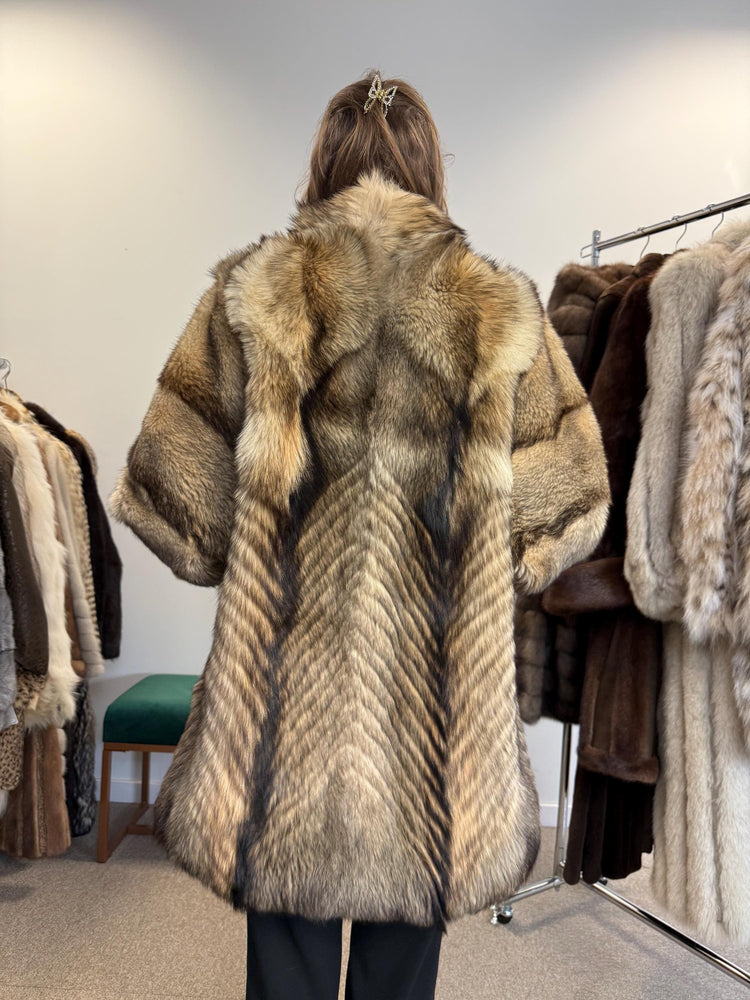 Interior lining detail of coyote fur coat, vintage style, high-quality real fur.