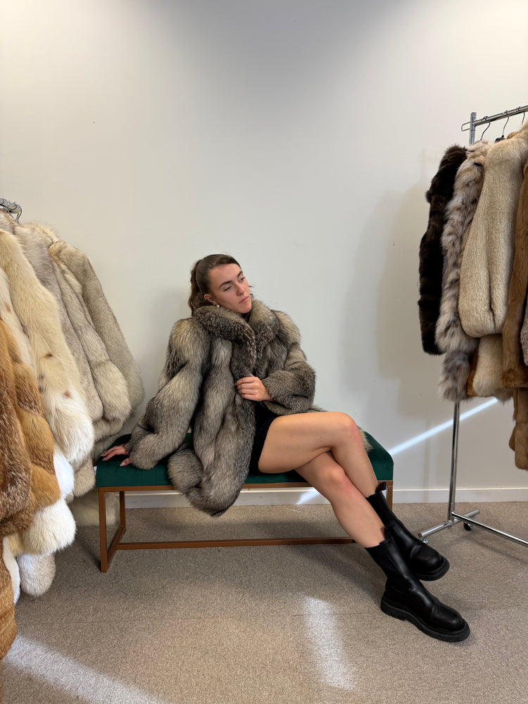 Elegant Crystal Fox Coat, Real Fur, Women’s Vintage Outerwear