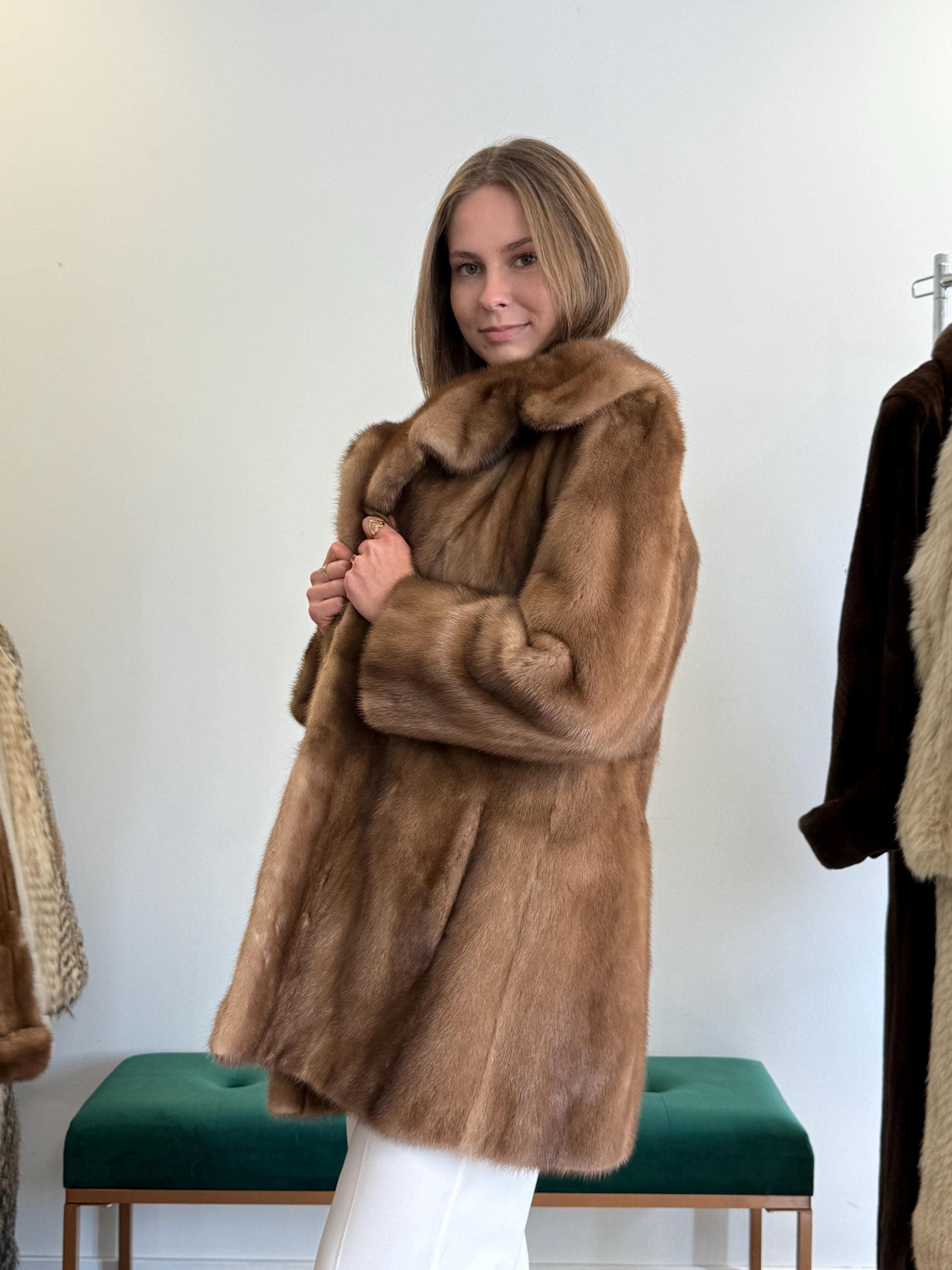 Interior lining detail of vintage fur coat, medium/large size, women’s elegant outerwear.