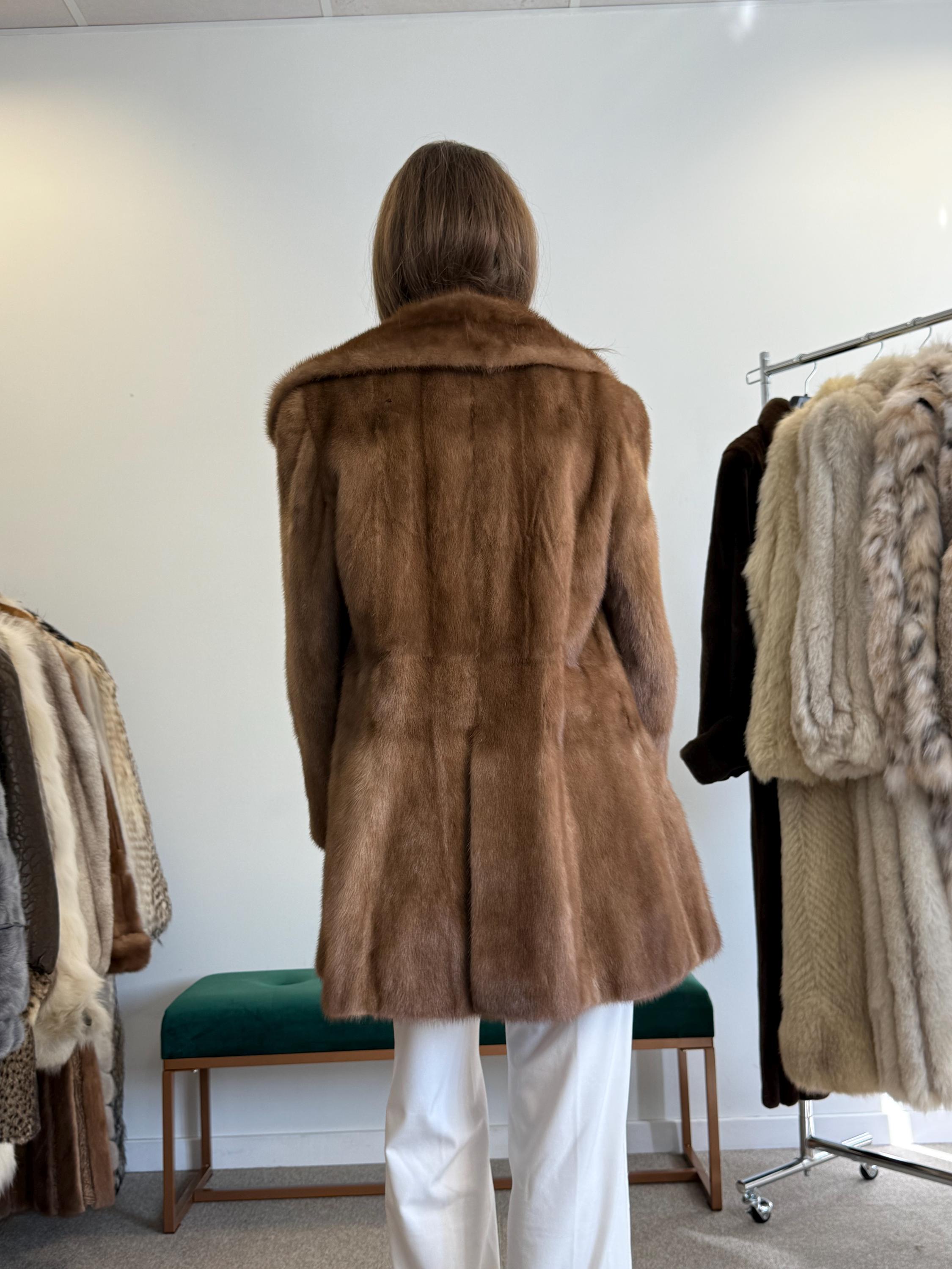 Authentic vintage fur coat, open front view, women’s medium/large size outerwear.
