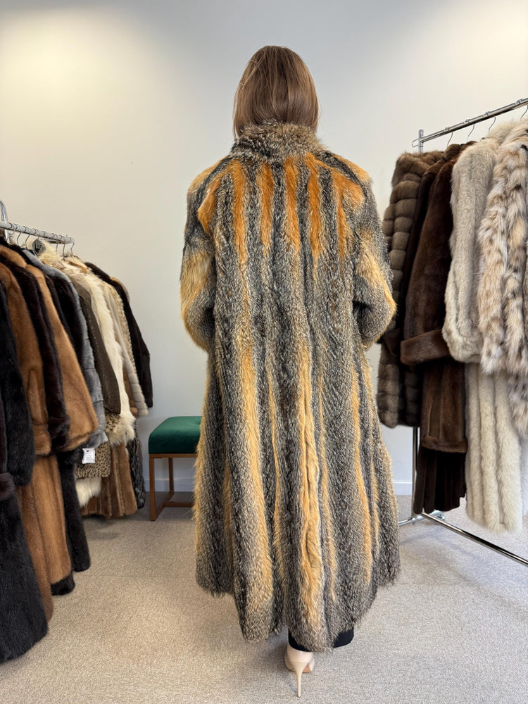 Women’s grey fox fur coat worn closed, soft luxurious fur, vintage