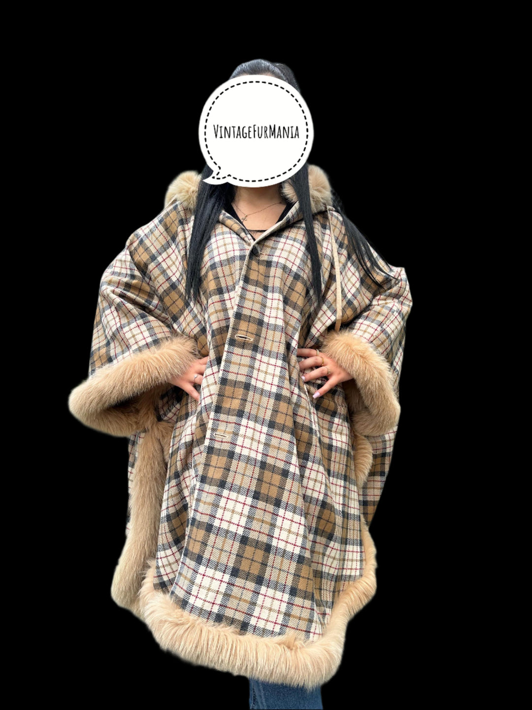 Burberry Style Coat with Fox Fur, One Size Coat, Elegant and Luxury Fur Coat - Perfect for Outerwear Style, Real Vintage Coat, Women's Coat