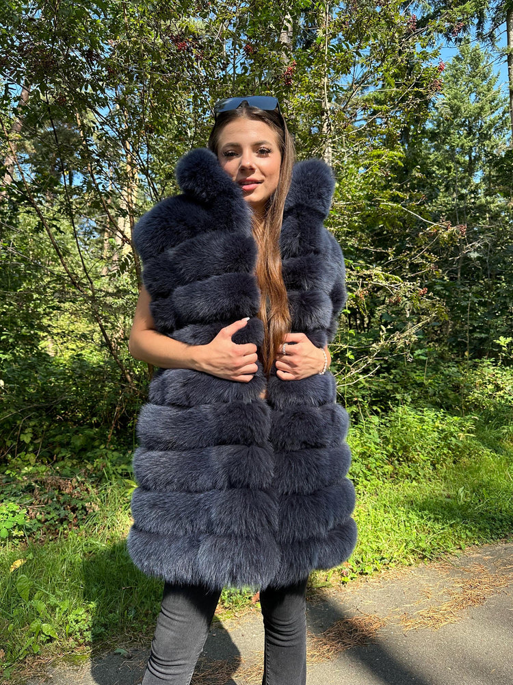 Brand New Dyed Blue Fox Fur Vest, M/L Size, Premium Quality Fur, Luxuriously Soft and Fluffy, Perfect for Elegant Style, Made in Greece, Fox