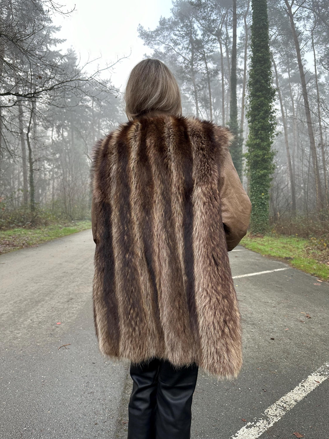 Raccoon Fur Coat with Leather, XL Size, Unique and Eye-Catching Style, Luxurious Real Raccoon Fur in Brown Color, Premium Women's Outerwear