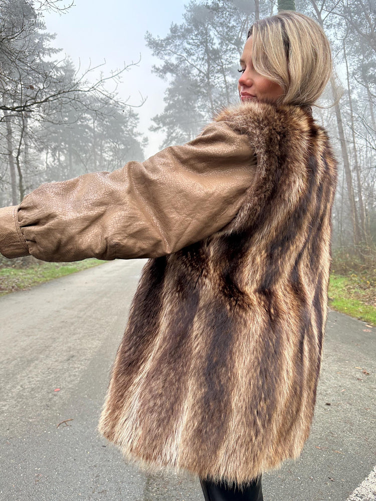 Raccoon Fur Coat with Leather, XL Size, Unique and Eye-Catching Style, Luxurious Real Raccoon Fur in Brown Color, Premium Women's Outerwear