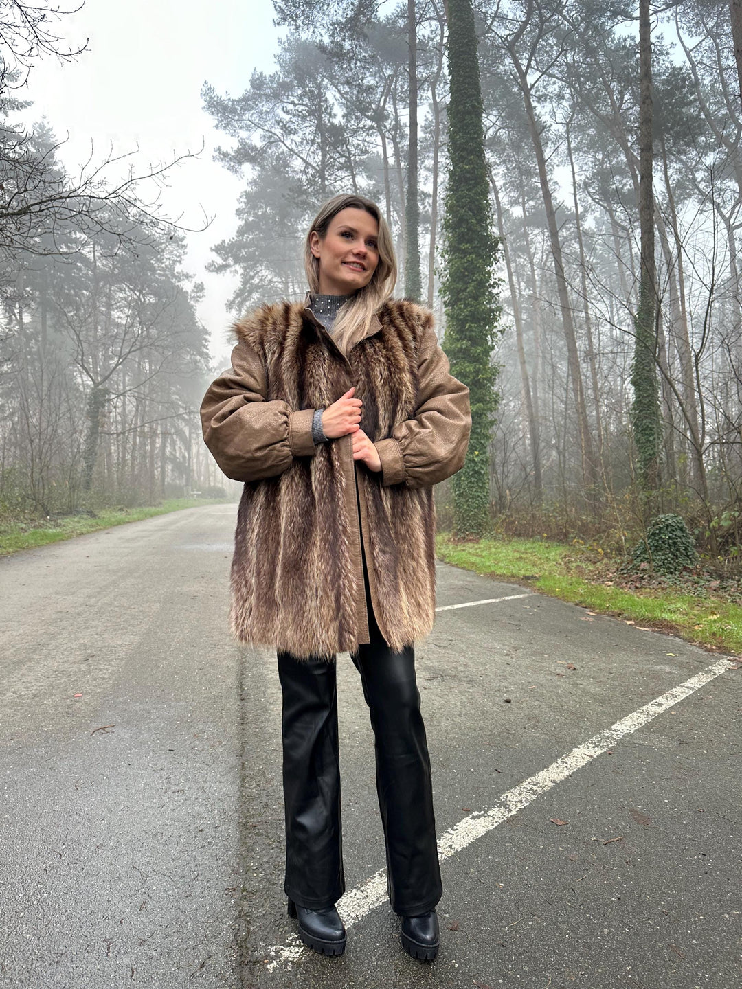 Raccoon Fur Coat with Leather, XL Size, Unique and Eye-Catching Style, Luxurious Real Raccoon Fur in Brown Color, Premium Women's Outerwear