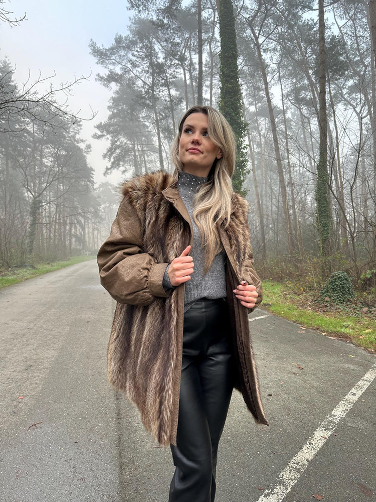 Raccoon Fur Coat with Leather, XL Size, Unique and Eye-Catching Style, Luxurious Real Raccoon Fur in Brown Color, Premium Women's Outerwear