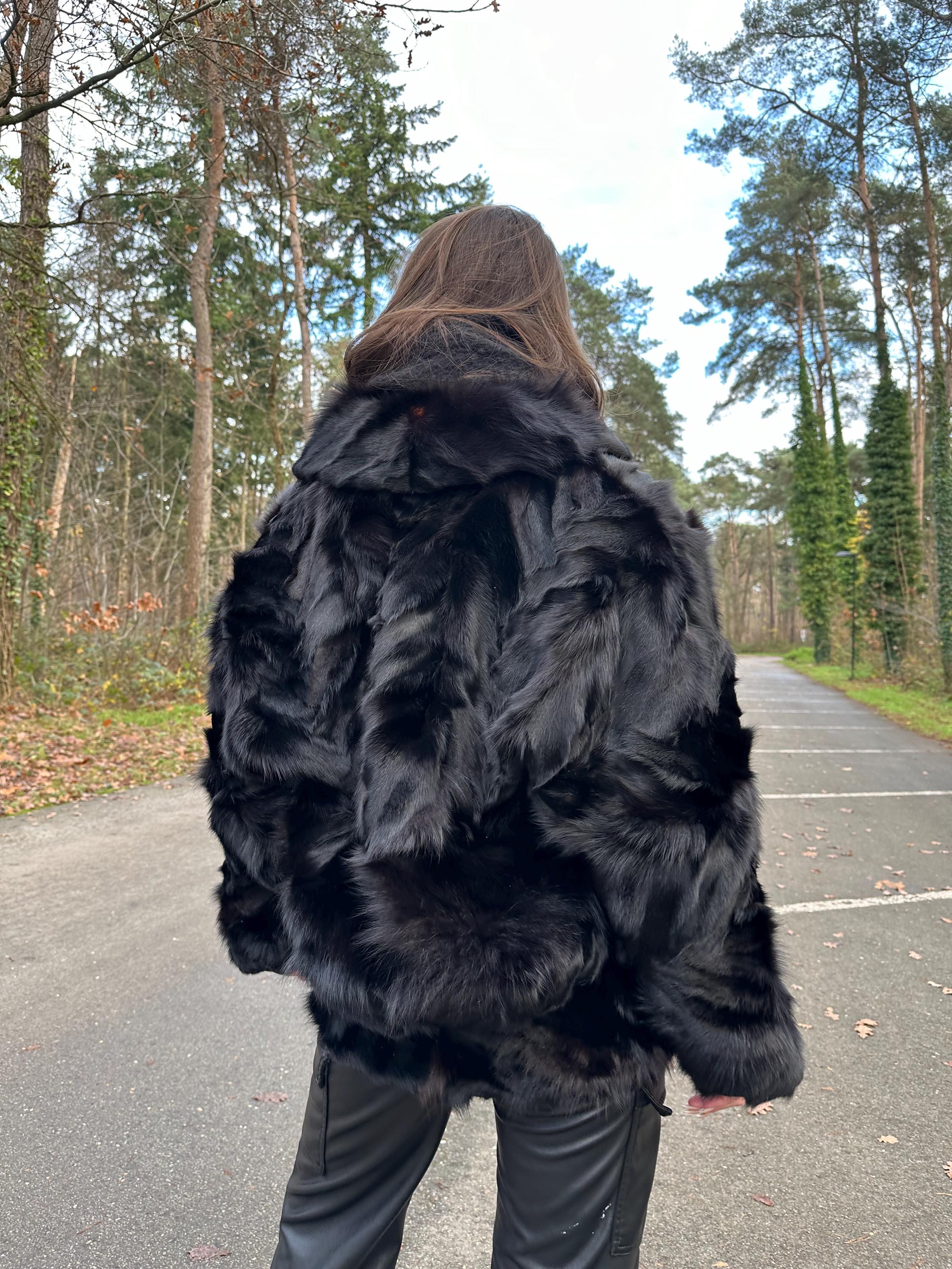 Black Fox Fur Jacket, Large Size, Real Black Fox Fur, Shiny and Luxurious, Elegant Women's Fur Jacket, Premium Outerwear, Vintage Fur Jacket