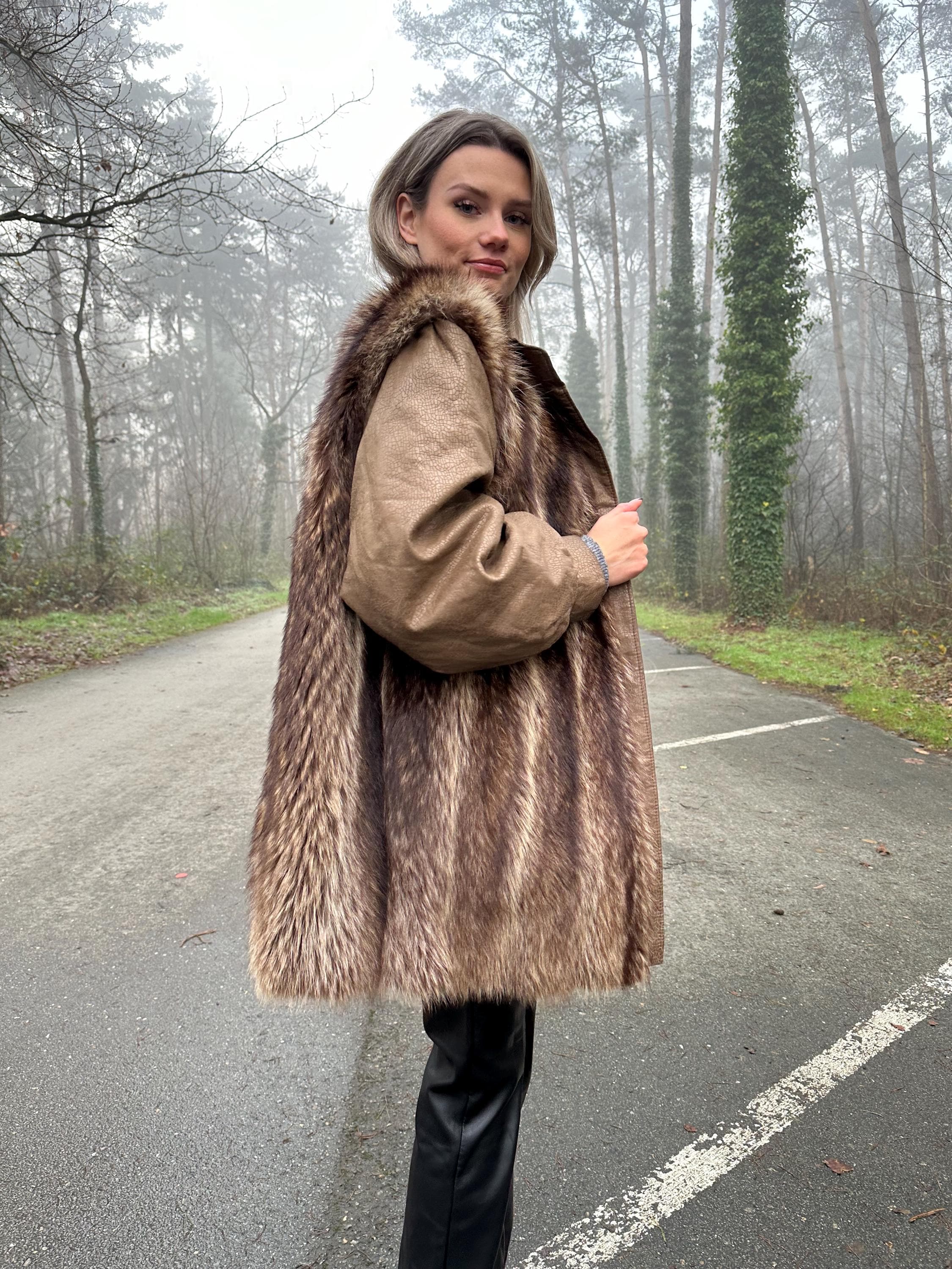 Raccoon Fur Coat with Leather, XL Size, Unique and Eye-Catching Style, Luxurious Real Raccoon Fur in Brown Color, Premium Women's Outerwear