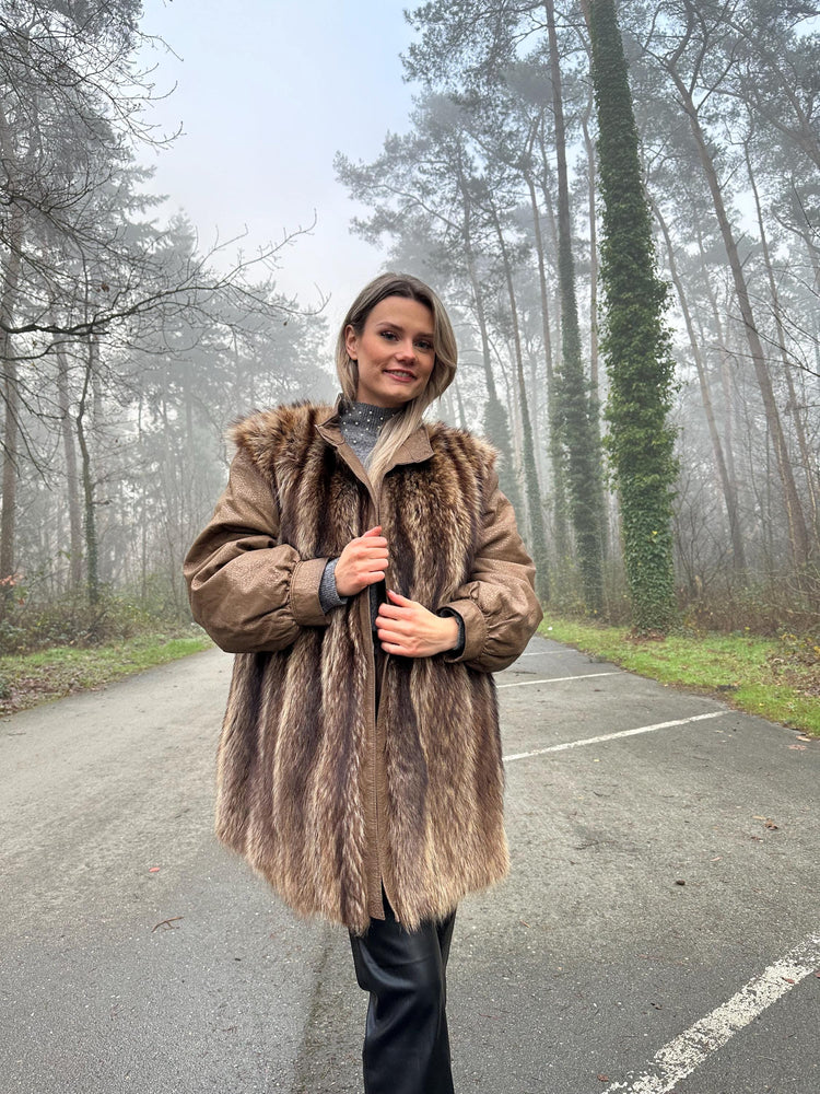 Raccoon Fur Coat with Leather, XL Size, Unique and Eye-Catching Style, Luxurious Real Raccoon Fur in Brown Color, Premium Women's Outerwear