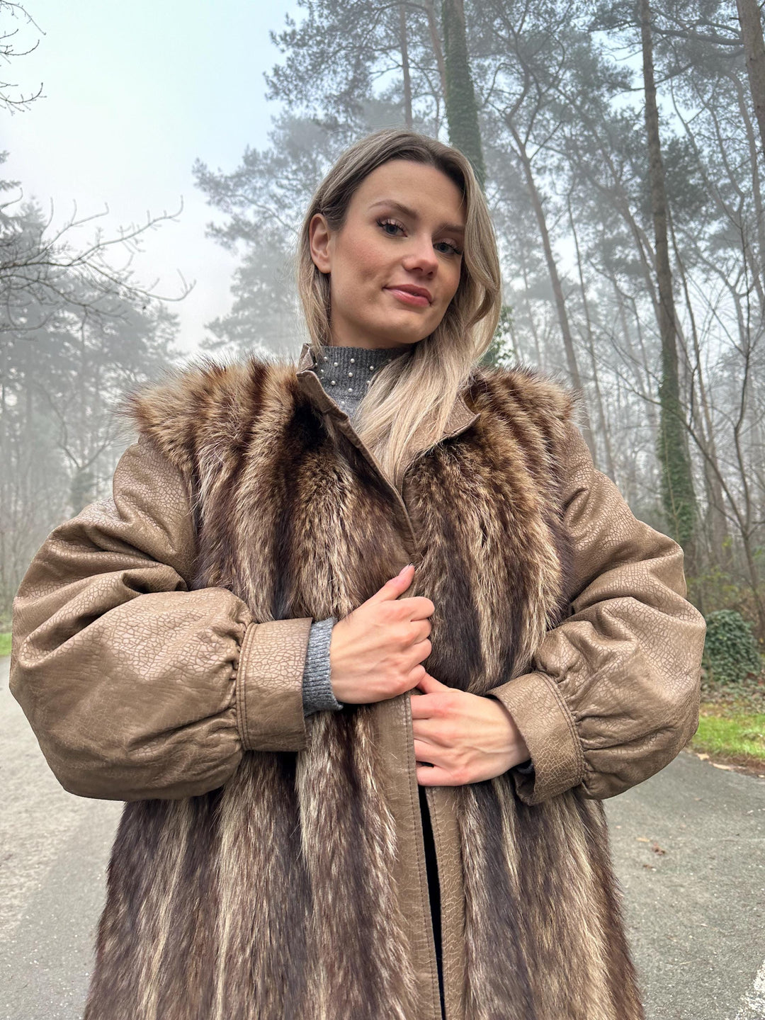 Raccoon Fur Coat with Leather, XL Size, Unique and Eye-Catching Style, Luxurious Real Raccoon Fur in Brown Color, Premium Women's Outerwear
