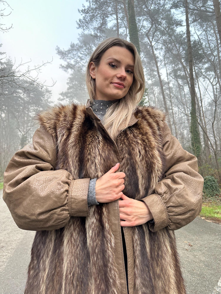 Raccoon Fur Coat with Leather, XL Size, Unique and Eye-Catching Style, Luxurious Real Raccoon Fur in Brown Color, Premium Women's Outerwear