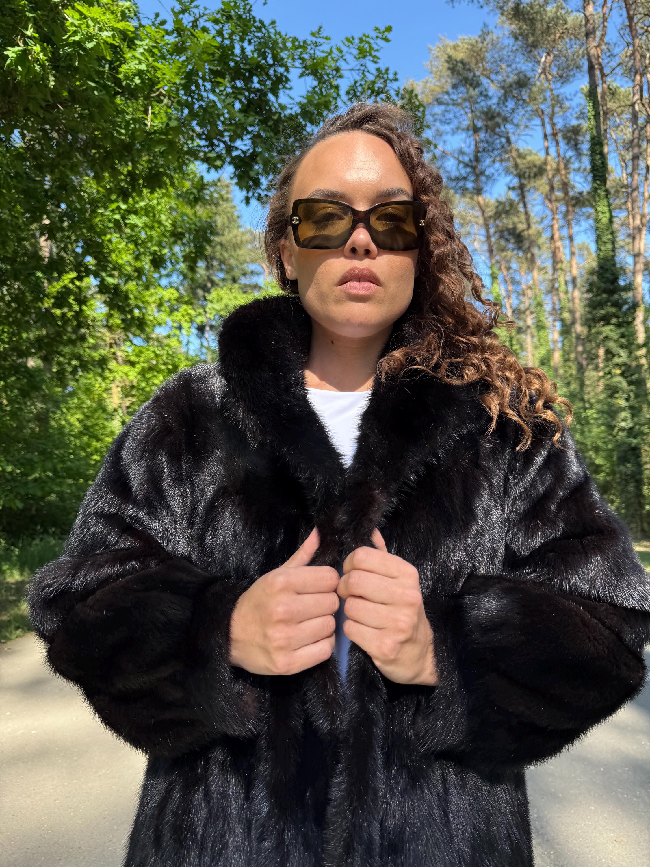 Saga Mink Fur Coat in Dark Brown, XL Size, Premium Selected Mink Fur Coat, Perfect for Elegant Style in Classic Fashion, Real Mink Fur Coat