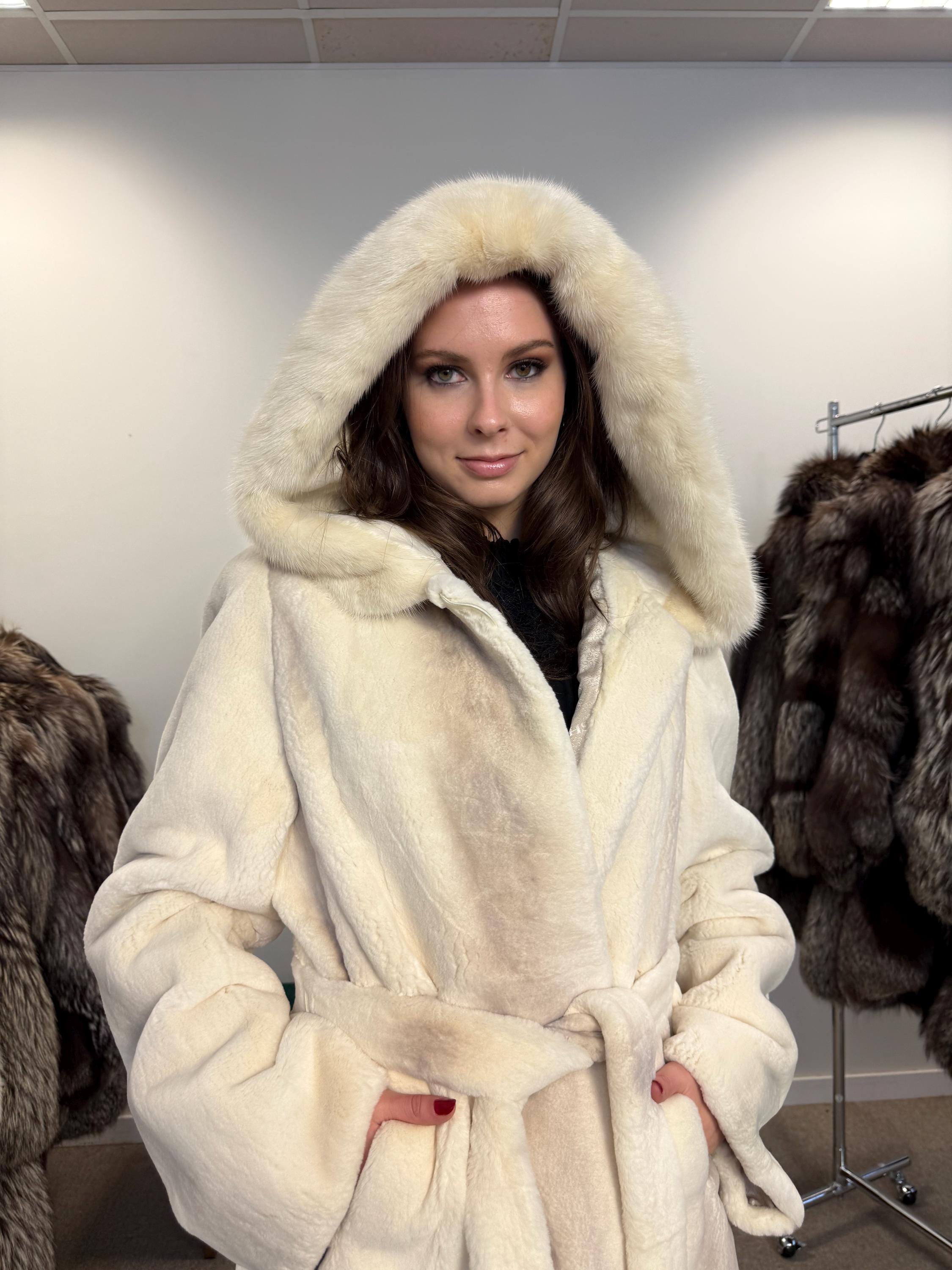 Sheared Rex Rabbit with Mink Fur Coat, Large Size, White Rabbit Fur Coat, White Mink Fur Coat, Vintage Fur Coat, Women's Coat, New Fur Coat