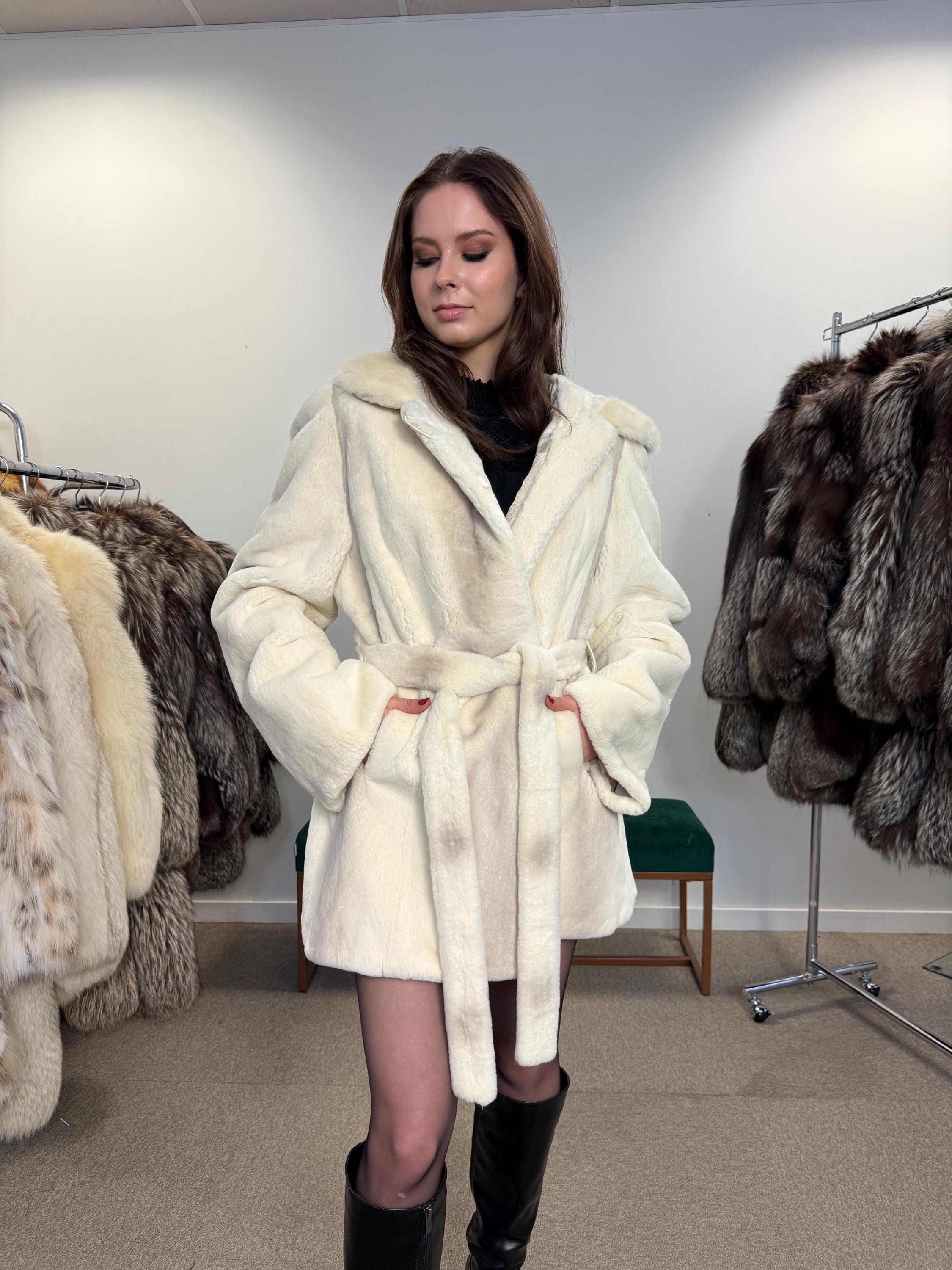Sheared Rex Rabbit with Mink Fur Coat, Large Size, White Rabbit Fur Coat, White Mink Fur Coat, Vintage Fur Coat, Women's Coat, New Fur Coat