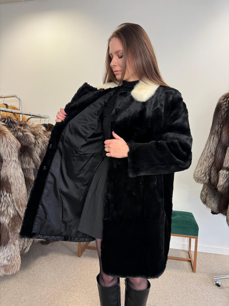 Sheared Rabbit Fur Coat, Mink Fur Collar, Medium Size, Black Rabbit Fur Coat, Thick Fur Coat, Soft Fur Coat, Vintage Fur Coat, Women's Coat