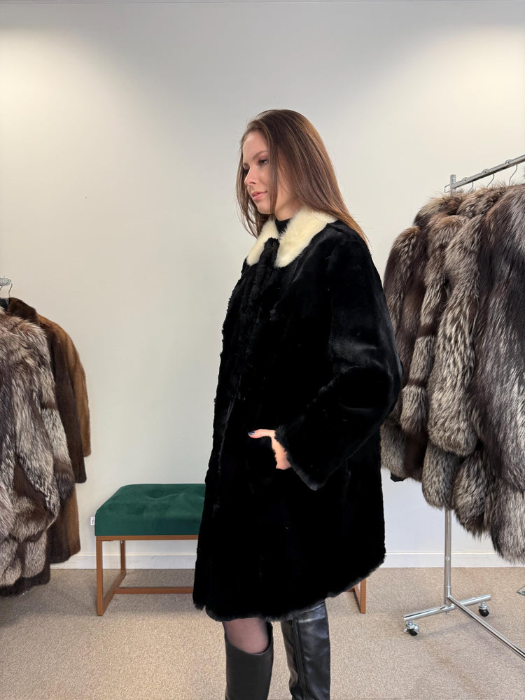 Sheared Rabbit Fur Coat, Mink Fur Collar, Medium Size, Black Rabbit Fur Coat, Thick Fur Coat, Soft Fur Coat, Vintage Fur Coat, Women's Coat