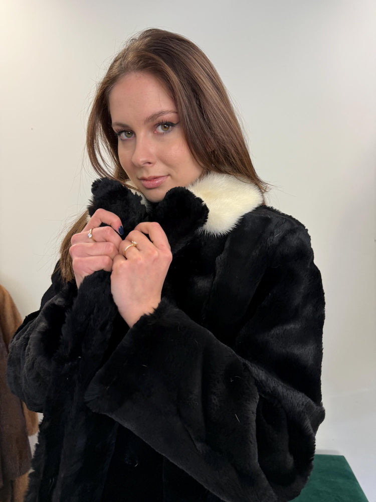 Sheared Rabbit Fur Coat, Mink Fur Collar, Medium Size, Black Rabbit Fur Coat, Thick Fur Coat, Soft Fur Coat, Vintage Fur Coat, Women's Coat