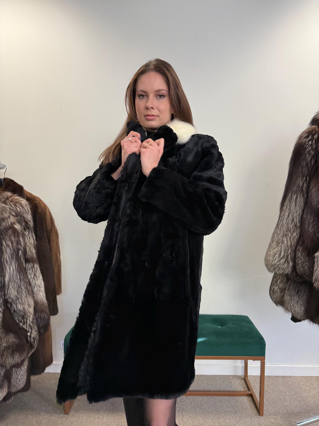 Sheared Rabbit Fur Coat, Mink Fur Collar, Medium Size, Black Rabbit Fur Coat, Thick Fur Coat, Soft Fur Coat, Vintage Fur Coat, Women's Coat