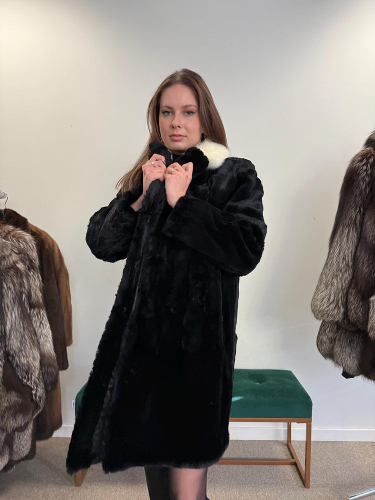 Sheared Rabbit Fur Coat, Mink Fur Collar, Medium Size, Black Rabbit Fur Coat, Thick Fur Coat, Soft Fur Coat, Vintage Fur Coat, Women's Coat