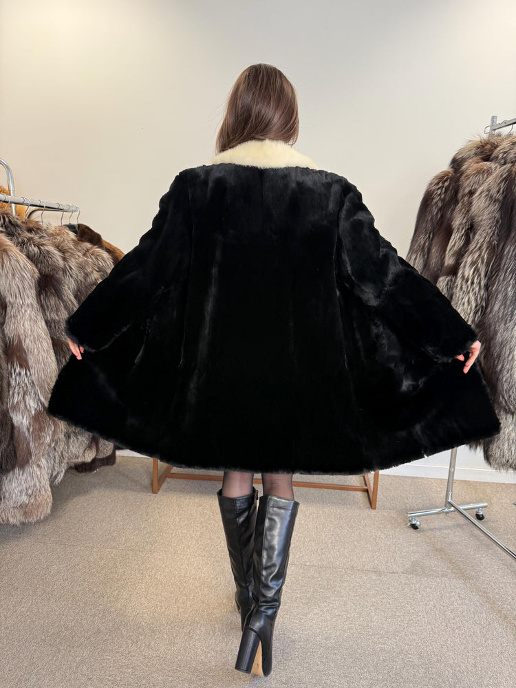 Sheared Rabbit Fur Coat, Mink Fur Collar, Medium Size, Black Rabbit Fur Coat, Thick Fur Coat, Soft Fur Coat, Vintage Fur Coat, Women's Coat